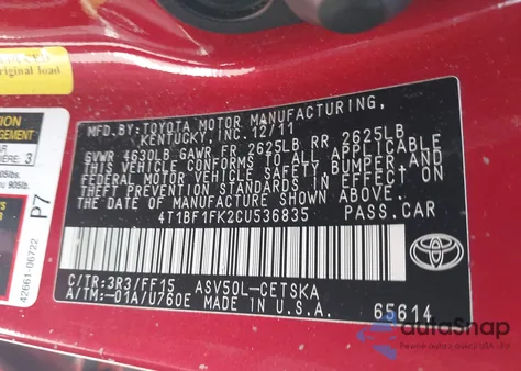 2012 Toyota Camry Se z USA, uszkodzony, nr VIN 4T1BF1FK2CU536835